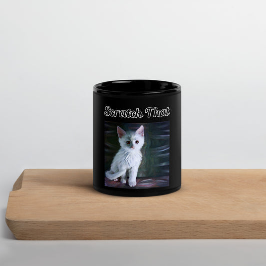 Black Glossy Mug with text White White Cat with a text "Scratch That" at $17.99 found at Personalizedpetlovergifts