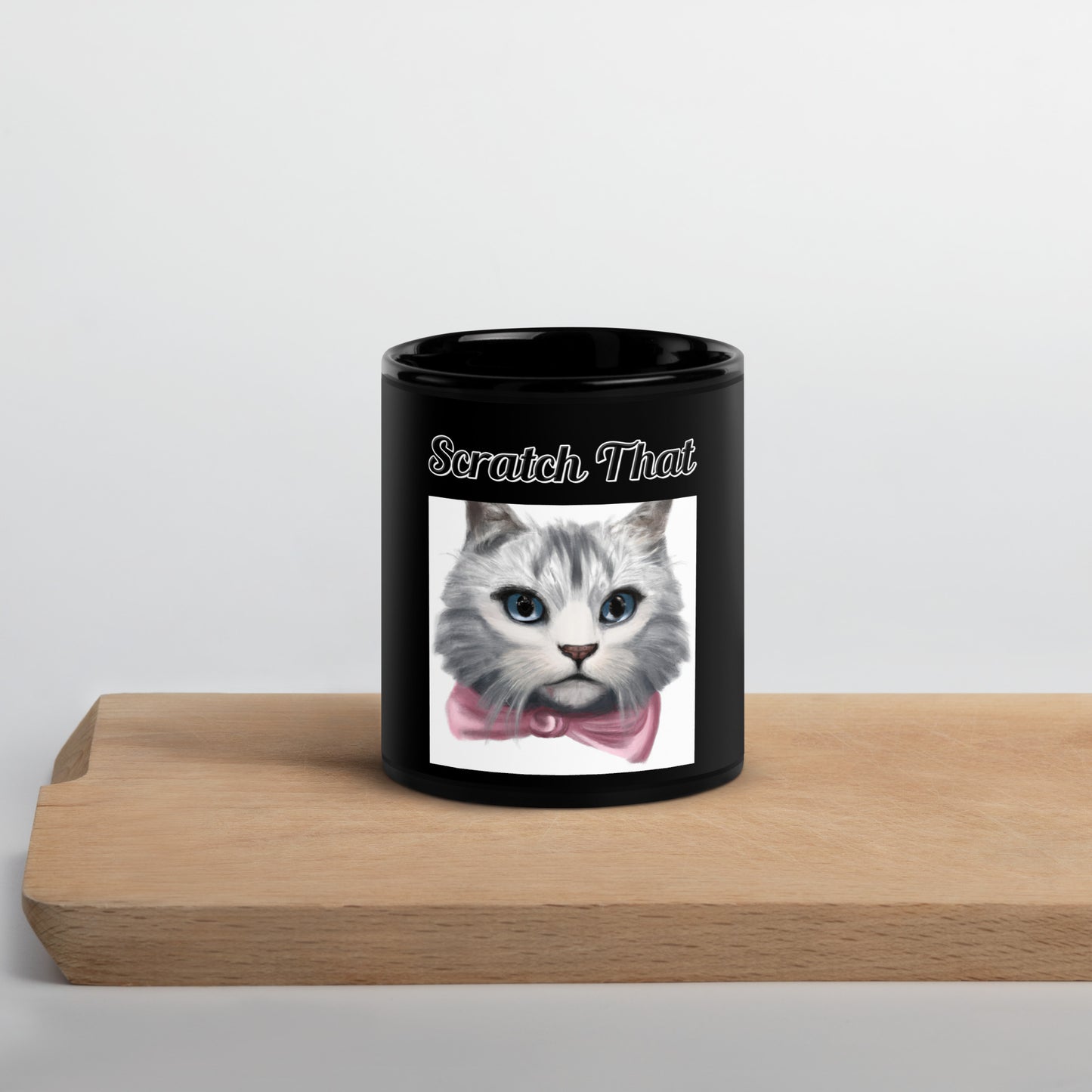 Black Glossy Mug with text White Kitten With a Pink Bow with a text "Scratch That" at $17.99 found at Personalizedpetlovergifts