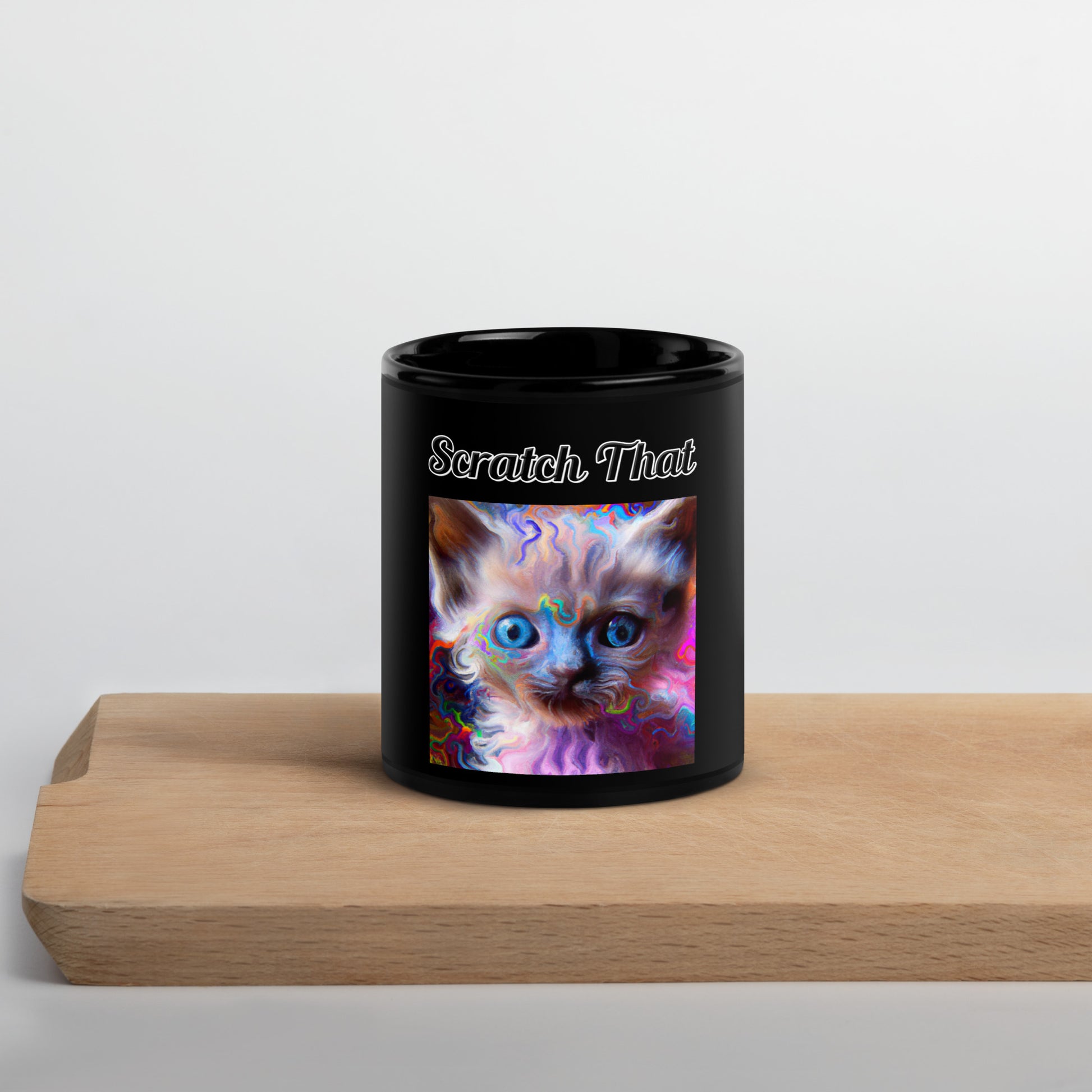 Black Glossy Mug with text Trippy Kitten with a text "Scratch That" at $17.99 found at Personalizedpetlovergifts