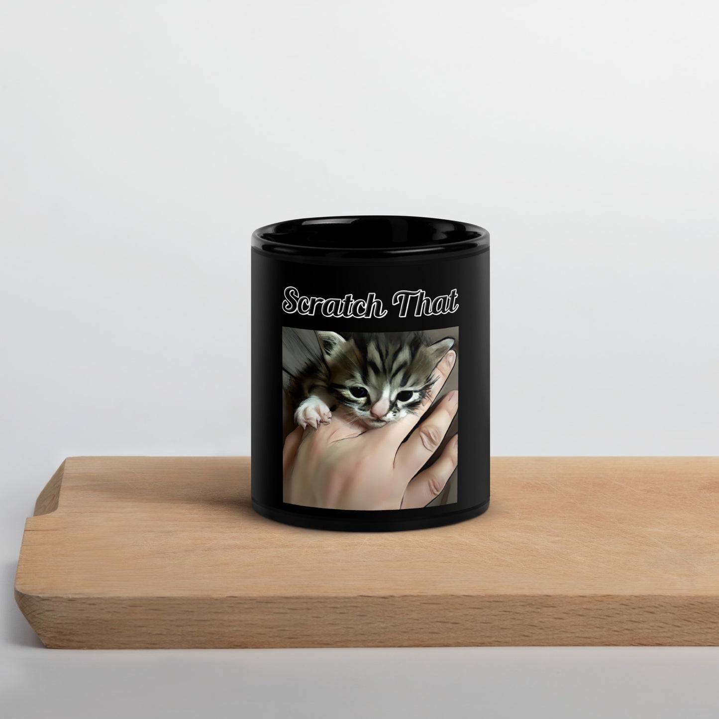 Black Glossy Mug with text Tiny Kitten In Hand with a text "Scratch That" at $17.99 found at Personalizedpetlovergifts