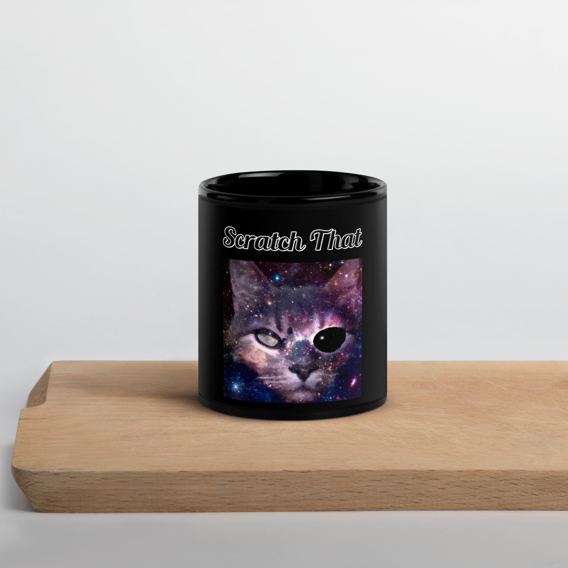 Black Glossy Mug with text Space One Eyed Cat with a text "Scratch That" at $17.99 found at Personalizedpetlovergifts