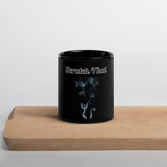 Black Glossy Mug with text Smoky Cat with a text "Scratch That" at $17.99 found at Personalizedpetlovergifts