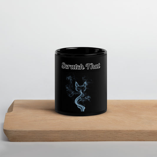 Black Glossy Mug with text Smoke Shaped like A Cat with a text "Scratch That" at $17.99 found at Personalizedpetlovergifts