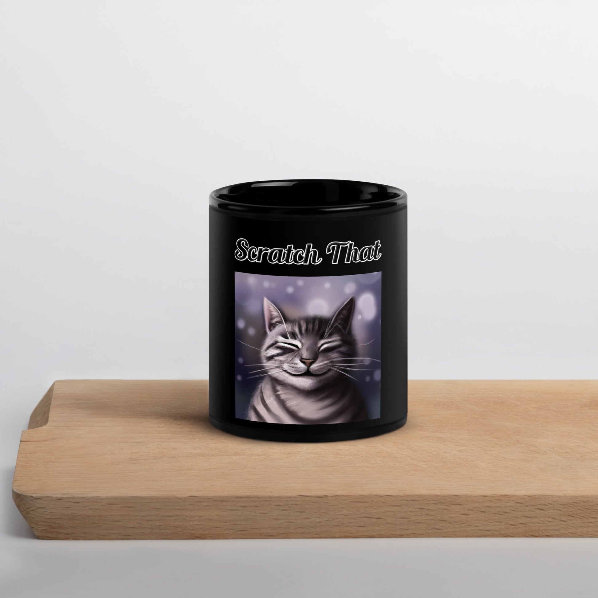 Black Glossy Mug with text Smiling Cat with a text "Scratch That" at $17.99 found at Personalizedpetlovergifts