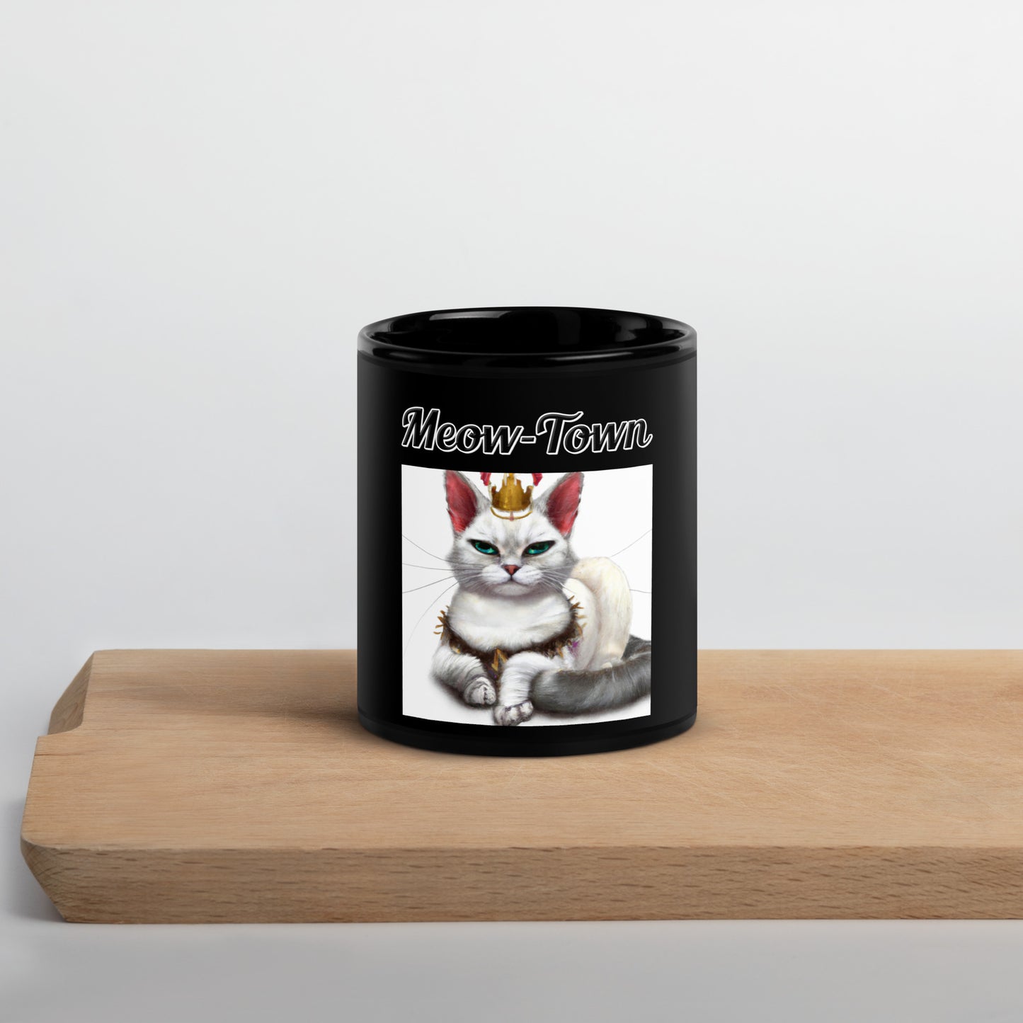 Black Glossy Mug with text White Queen Cat with a text "Meow-Town" at $17.99 found at Personalizedpetlovergifts