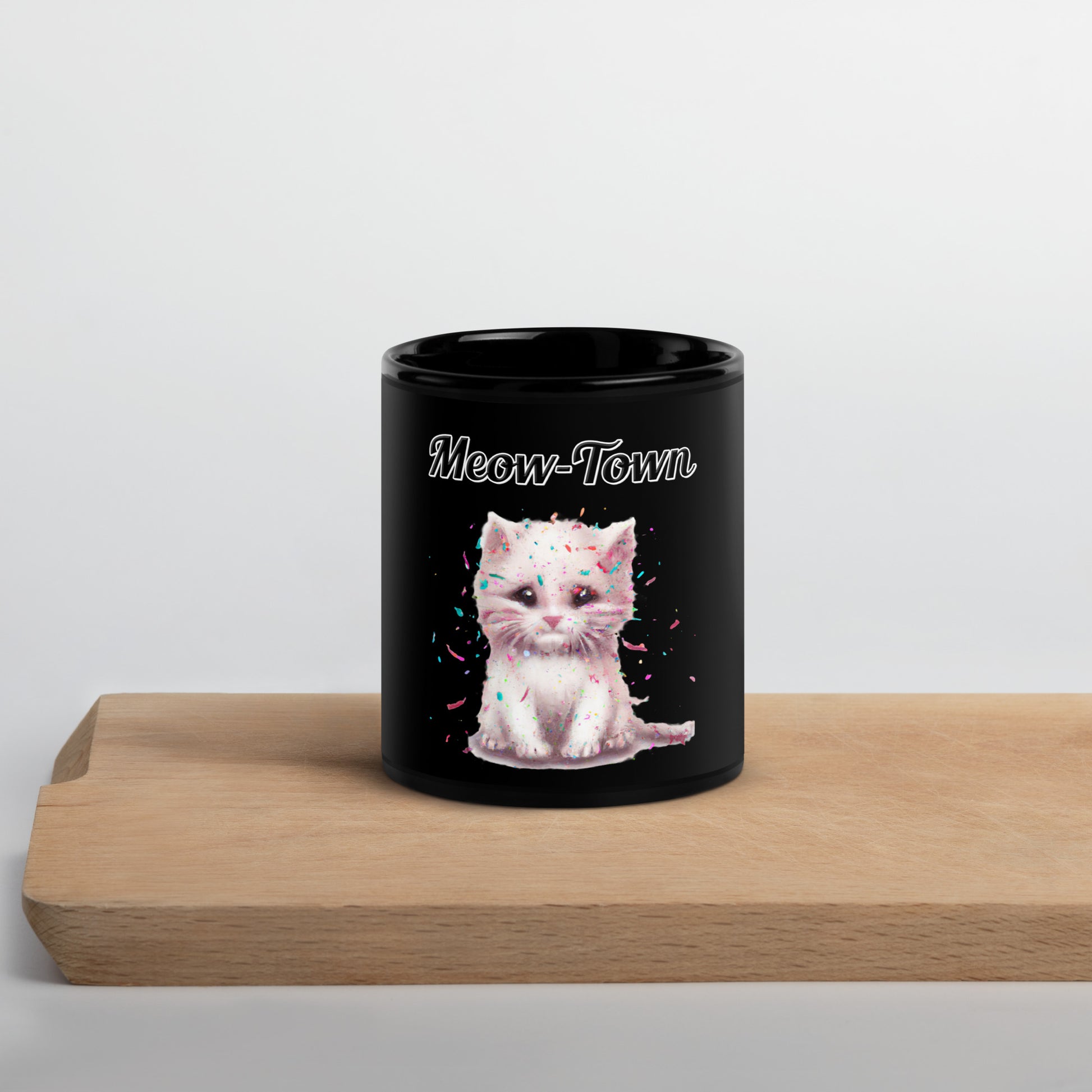 Black Glossy Mug with text White Kitten With Confetti with a text "Meow-Town" at $17.99 found at Personalizedpetlovergifts