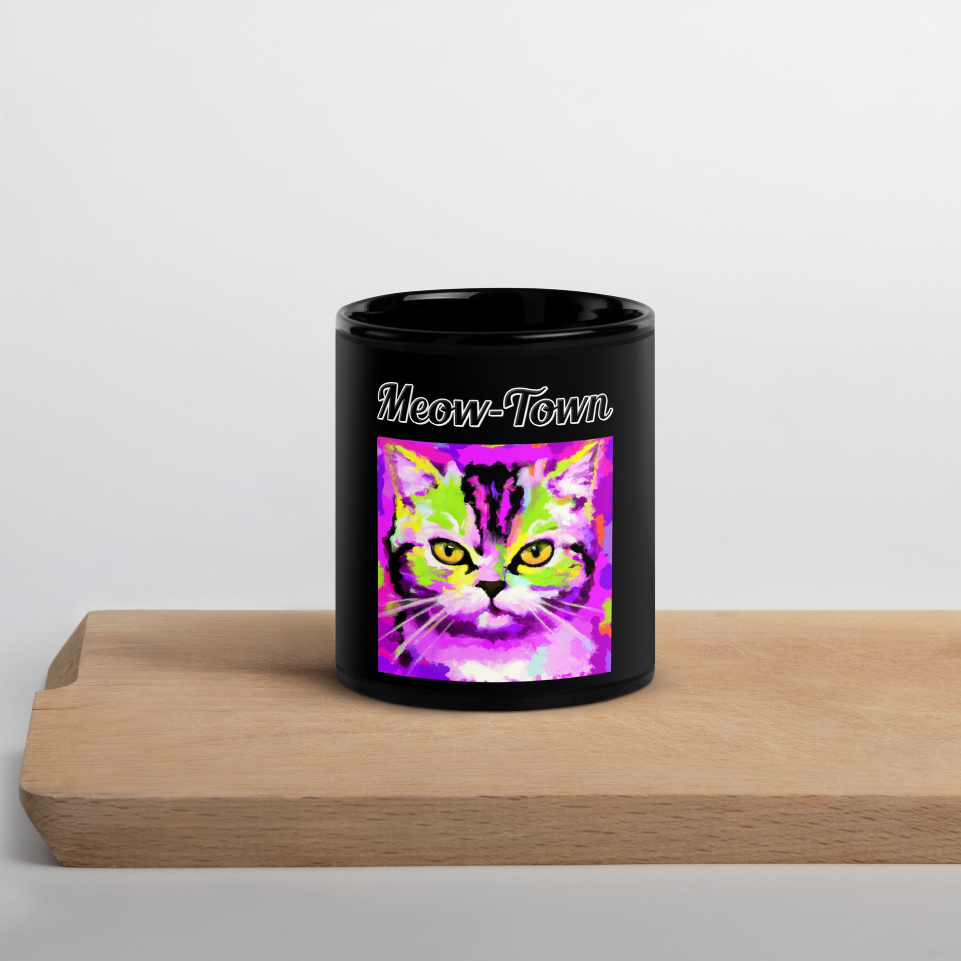 Black Glossy Mug with text Trippy Cat with a text "Meow-Town" at $17.99 found at Personalizedpetlovergifts