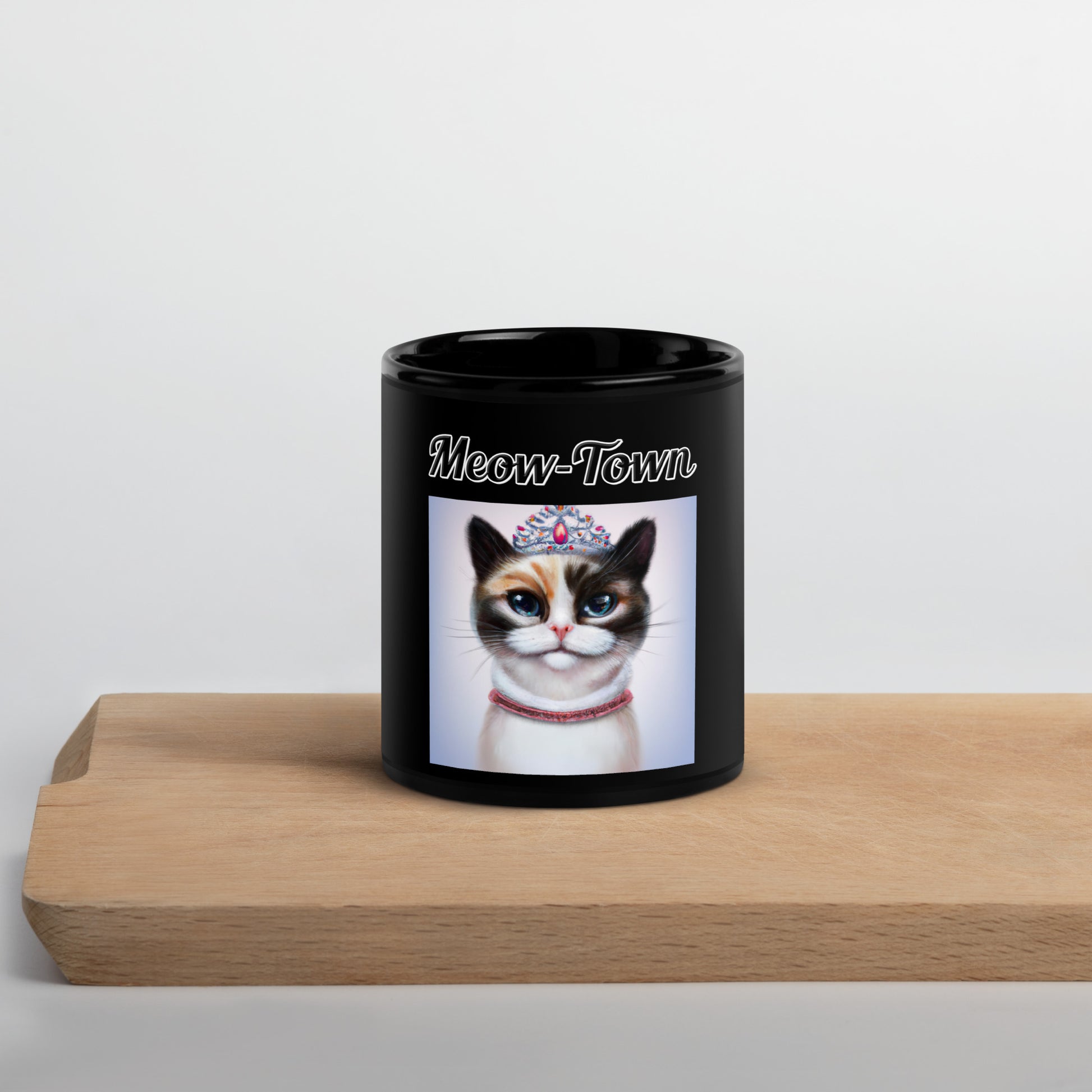 Black Glossy Mug with text Tri-Colored Cat With A Tiara with a text "Meow-Town" at $17.99 found at Personalizedpetlovergifts