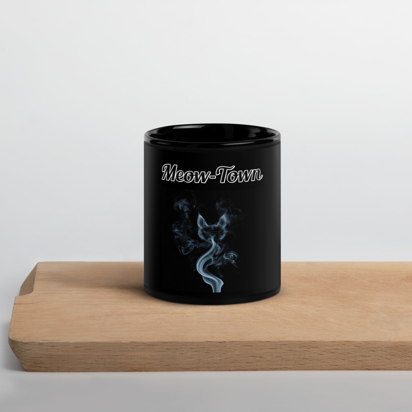 Black Glossy Mug with text Smoke Shaped like A Cat with a text "Meow-Town" at $17.99 found at Personalizedpetlovergifts