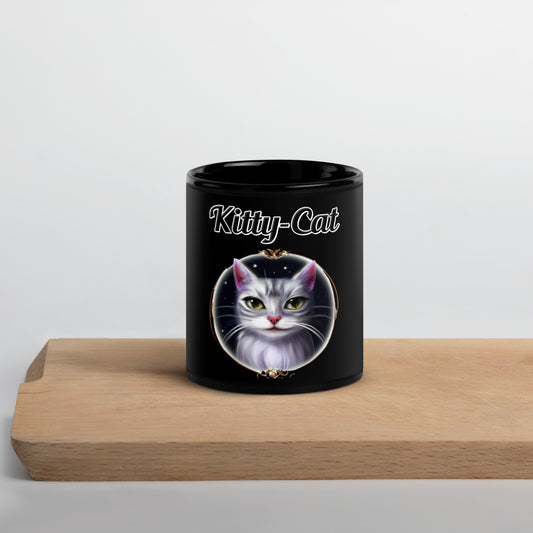 Black Glossy Mug with text Wispy Whiskers Cat In a Circle with a text "Kitty-Cat" at $17.99 found at Personalizedpetlovergifts