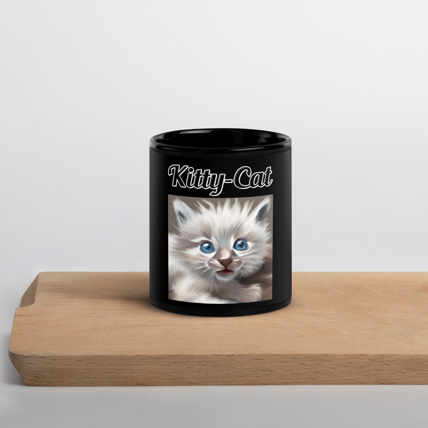 Black Glossy Mug with text Wispy Kitten Painting with a text "Kitty-Cat" at $17.99 found at Personalizedpetlovergifts