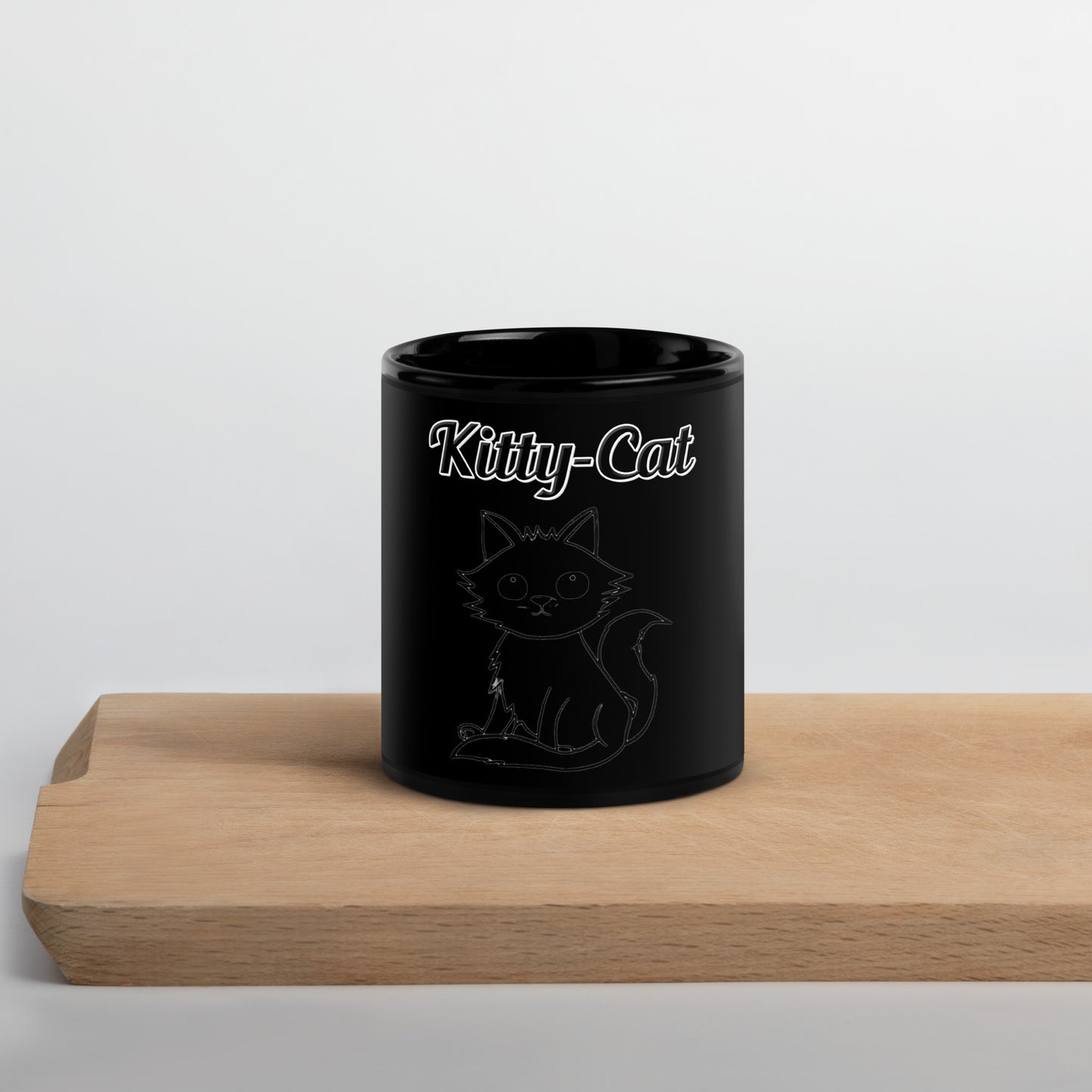 Black Glossy Mug with text Wispy Kitten Line Art with a text "Kitty-Cat" at $17.99 found at Personalizedpetlovergifts