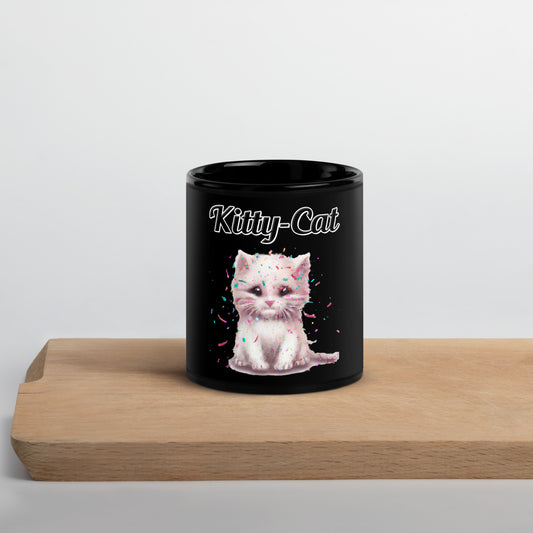 Black Glossy Mug with text White Kitten With Confetti with a text "Kitty-Cat" at $17.99 found at Personalizedpetlovergifts