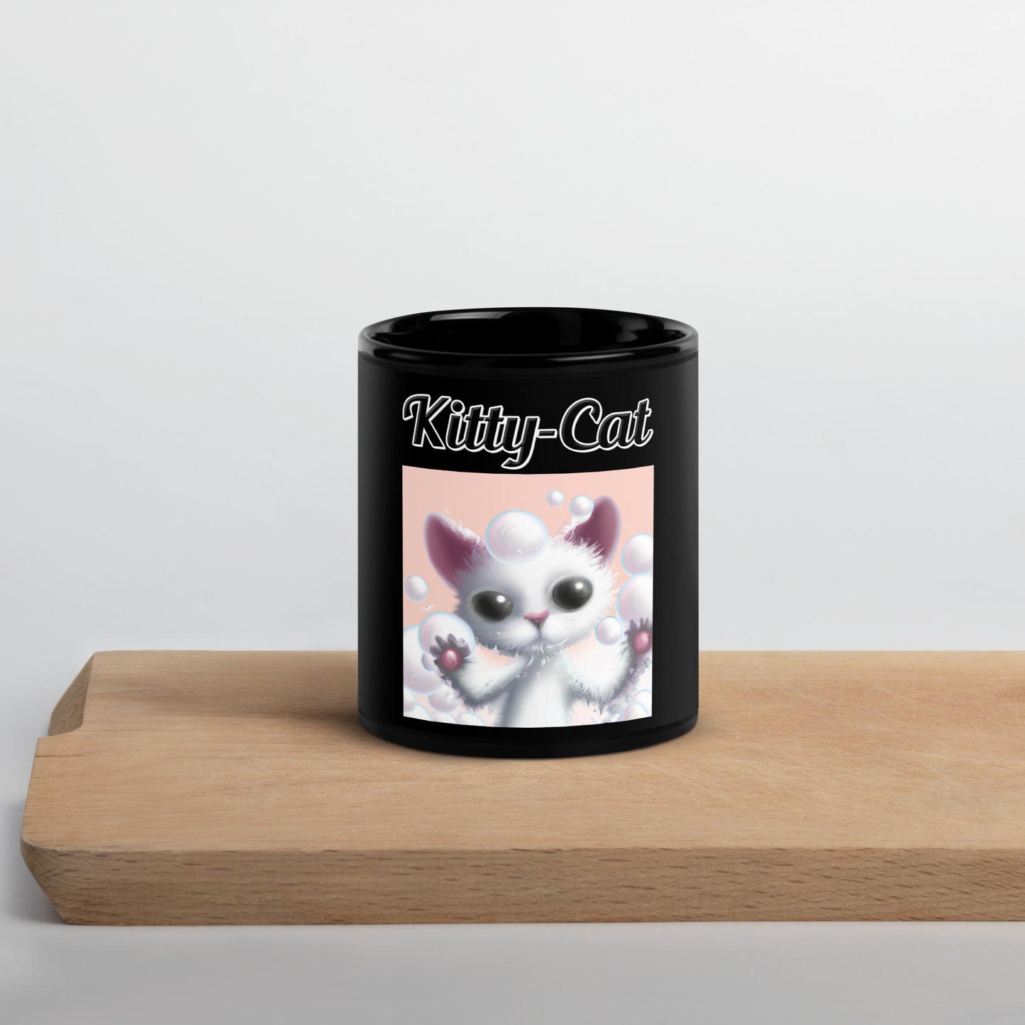 Black Glossy Mug with text White Kitten Playing With Bubbles with a text "Kitty-Cat" at $17.99 found at Personalizedpetlovergifts