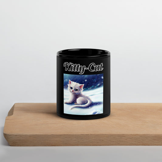 Black Glossy Mug with text White Kitten In The Snow with a text "Kitty-Cat" at $17.99 found at Personalizedpetlovergifts