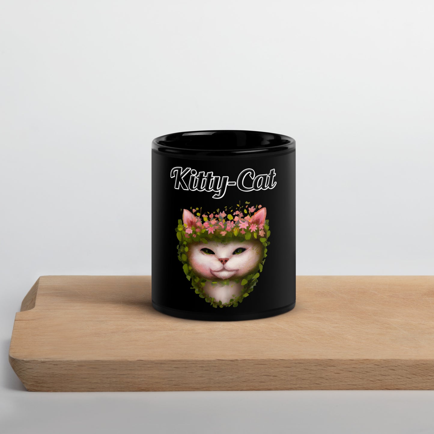 Black Glossy Mug with text White Cat With Flowers with a text "Kitty-Cat" at $17.99 found at Personalizedpetlovergifts