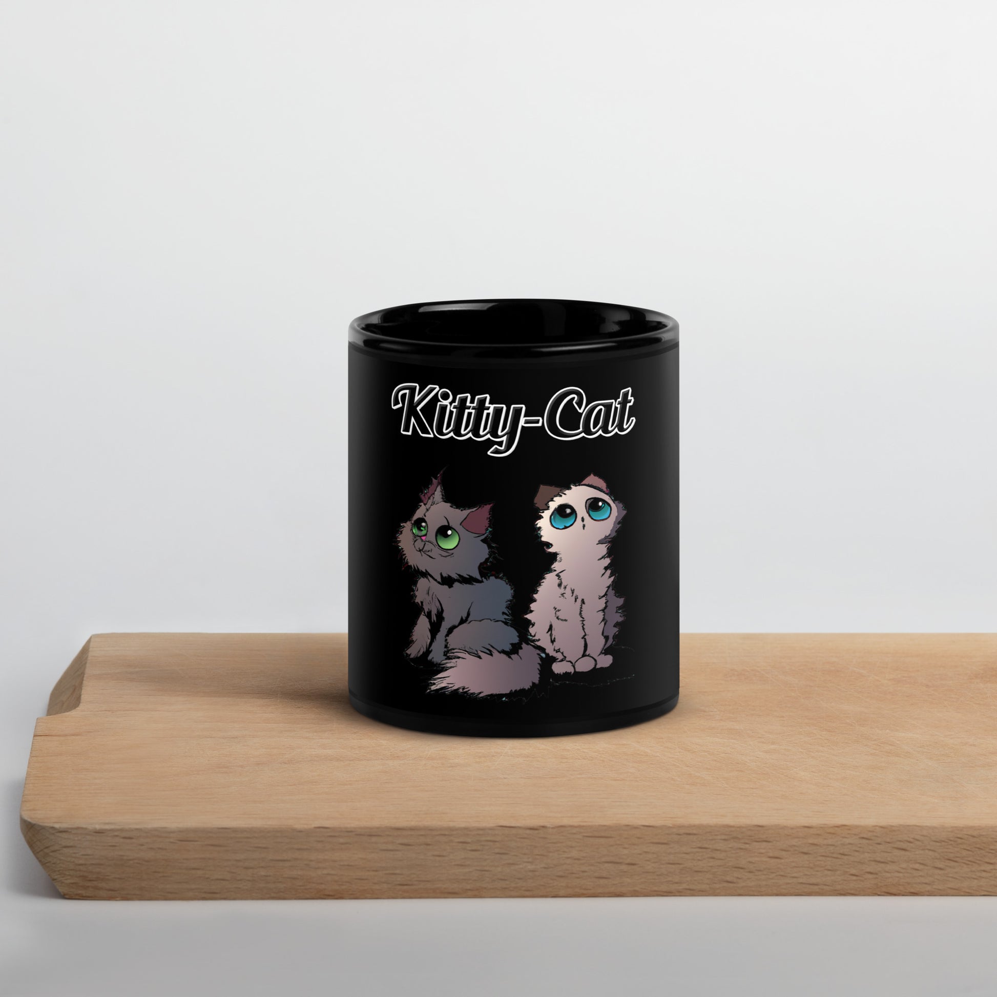 Black Glossy Mug with text Two Cute Kittens with a text "Kitty-Cat" at $17.99 found at Personalizedpetlovergifts