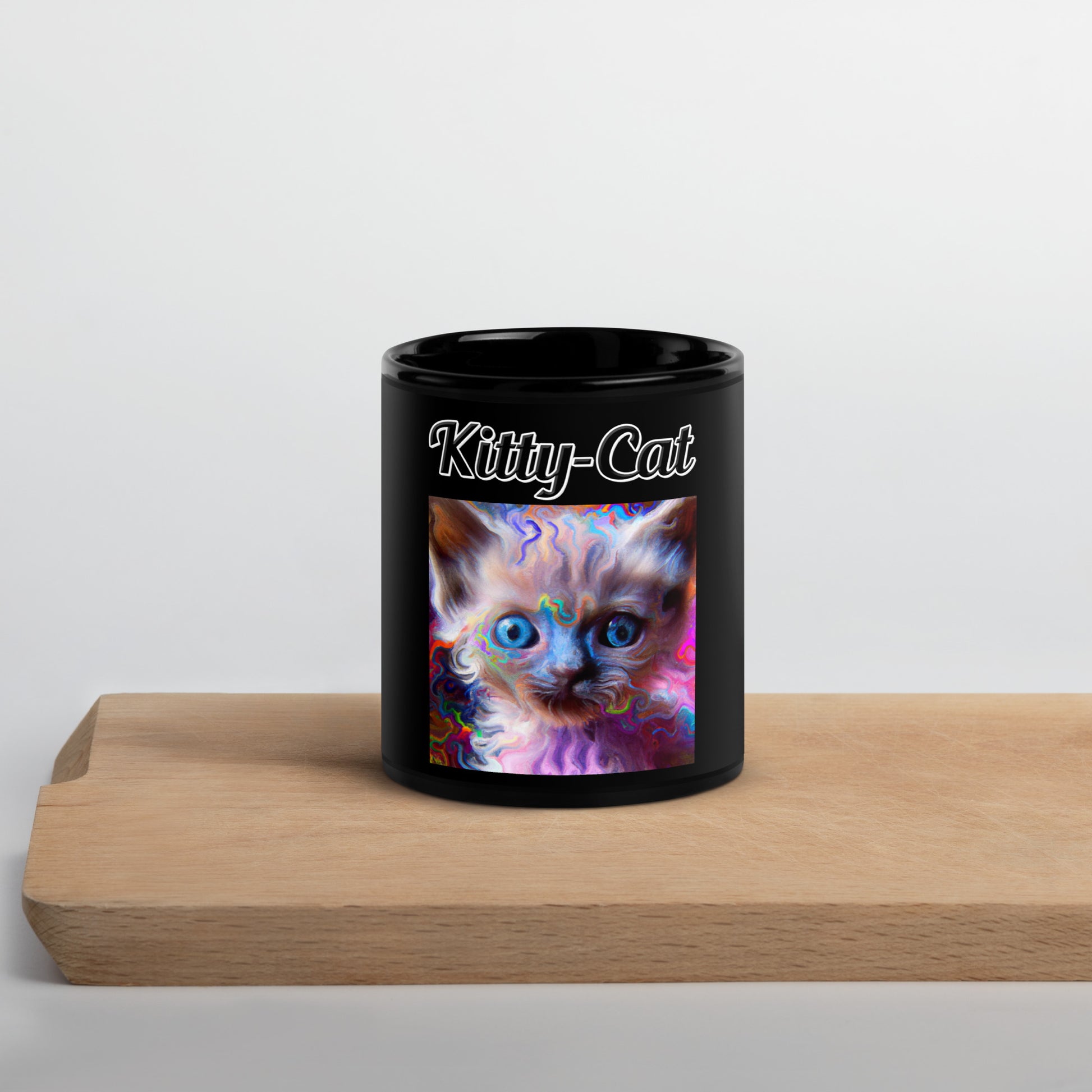 Black Glossy Mug with text Trippy Kitten with a text "Kitty-Cat" at $17.99 found at Personalizedpetlovergifts