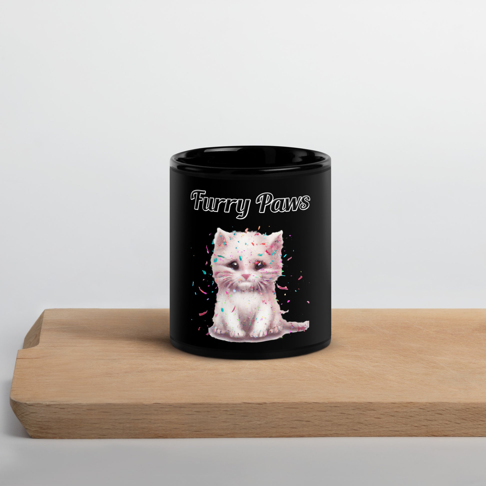 Black Glossy Mug with text White Kitten With Confetti with a text "Furry Paws" at $17.99 found at Personalizedpetlovergifts