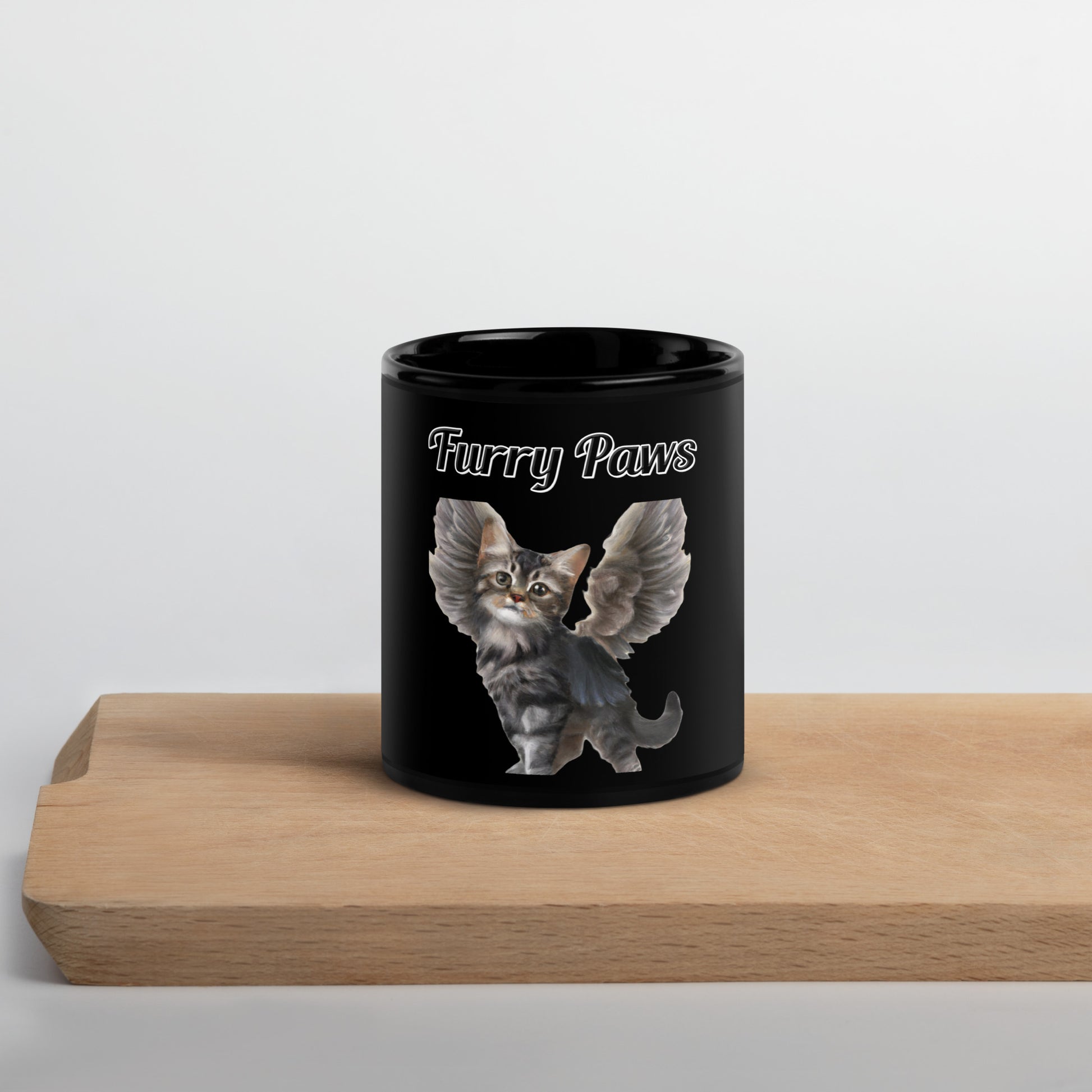 Black Glossy Mug with text Tabby Cat With Angel Wings with a text "Furry Paws" at $17.99 found at Personalizedpetlovergifts