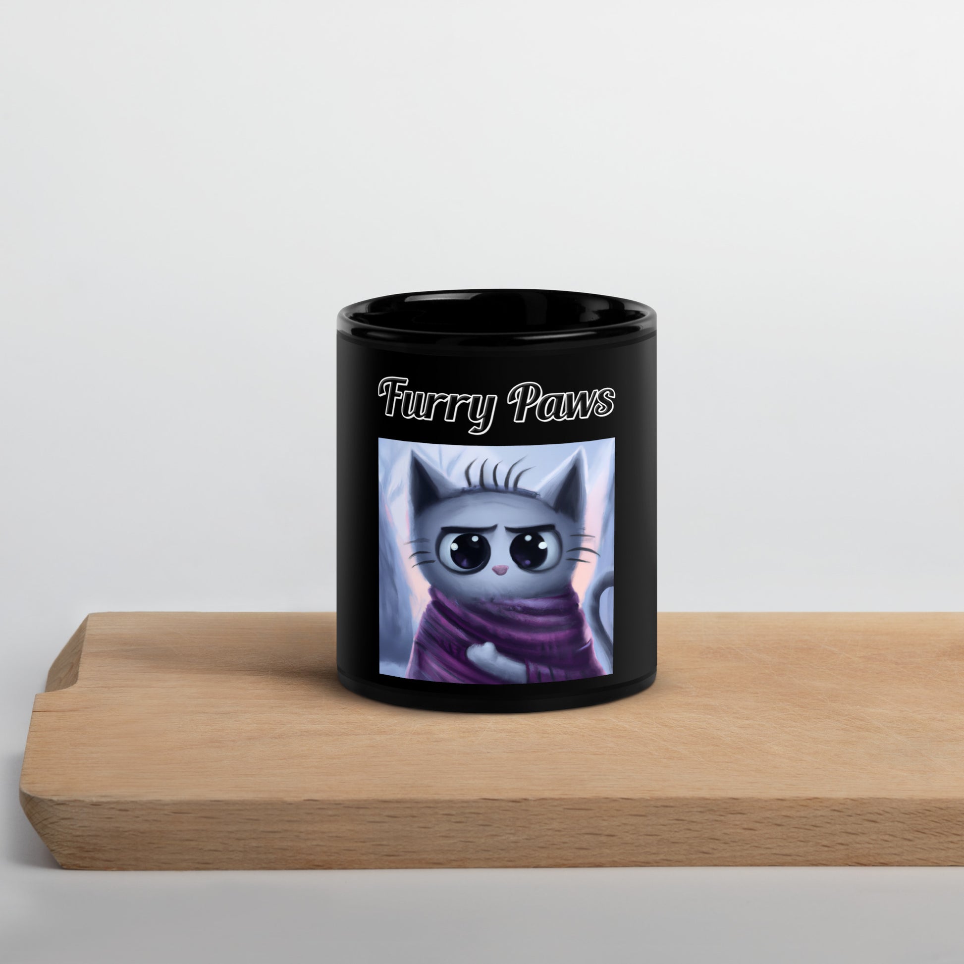 Black Glossy Mug with text Surprised Kitten In A Shawl with a text "Furry Paws" at $17.99 found at Personalizedpetlovergifts