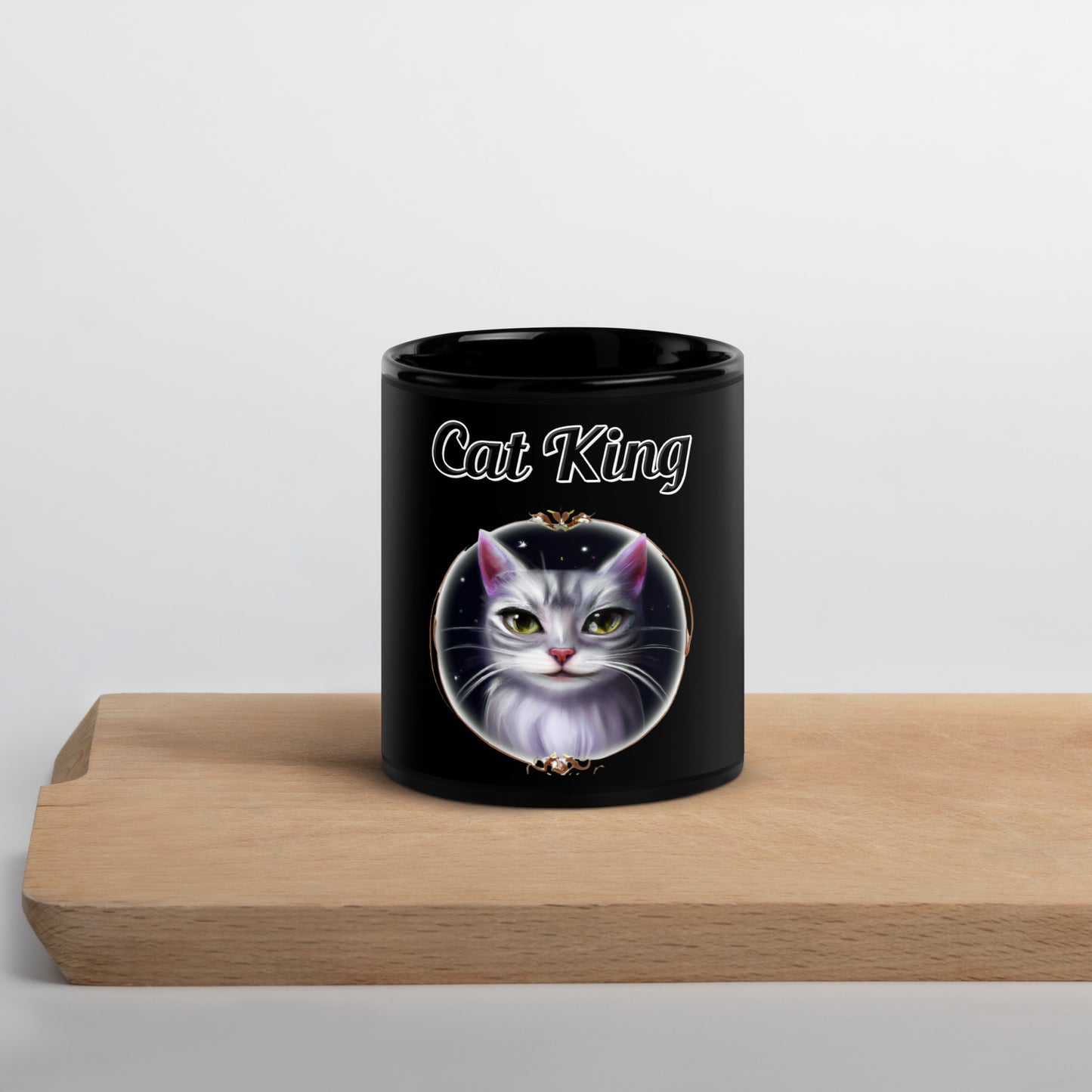 Black Glossy Mug with text Wispy Whiskers Cat In a Circle with a text "Cat King" at $17.99 found at Personalizedpetlovergifts