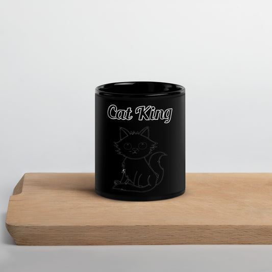 Black Glossy Mug with text Wispy Kitten Line Art with a text "Cat King" at $17.99 found at Personalizedpetlovergifts