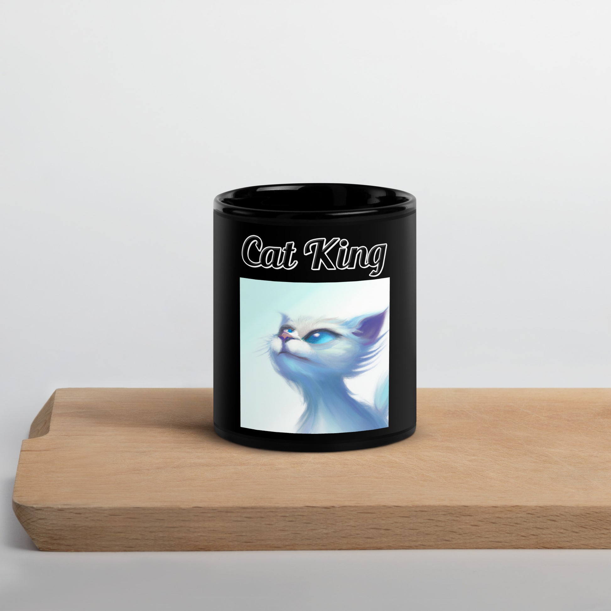 Black Glossy Mug with text White Wind Swept Kitten With Blue Eyes with a text "Cat King" at $17.99 found at Personalizedpetlovergifts