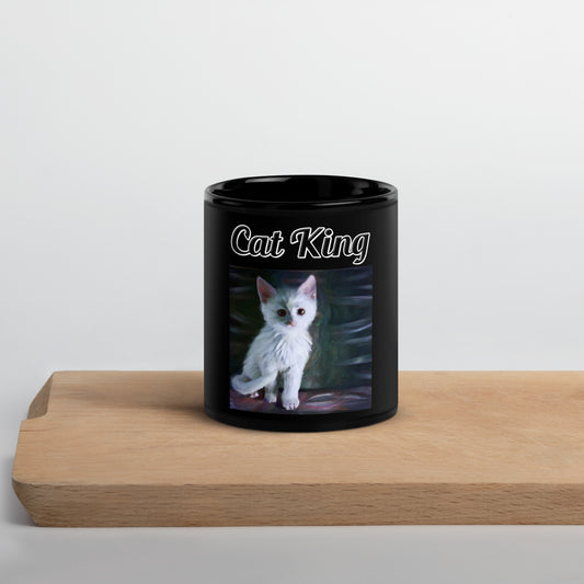 Black Glossy Mug with text White White Cat with a text "Cat King" at $17.99 found at Personalizedpetlovergifts