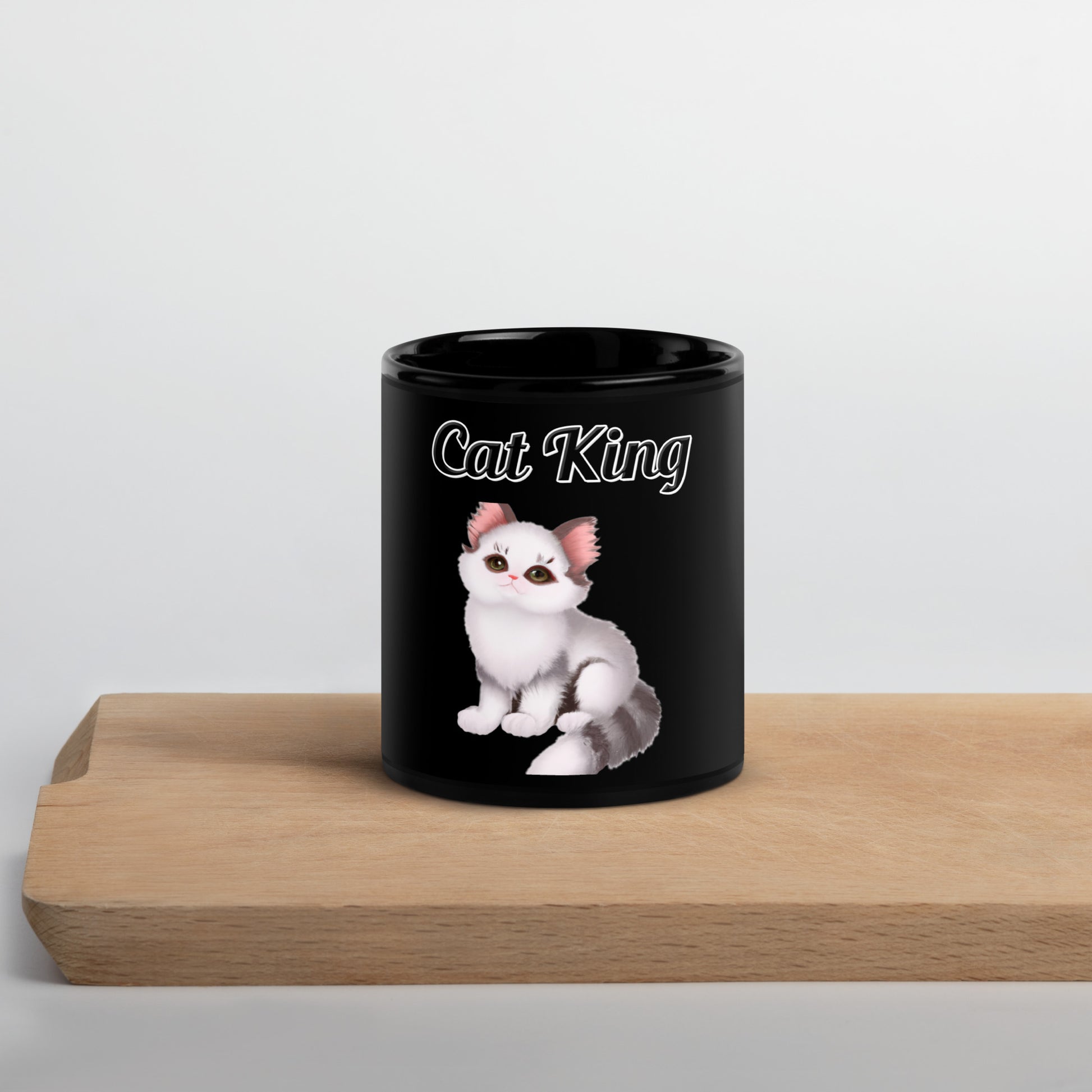 Black Glossy Mug with text White Stripy Kitten with a text "Cat King" at $17.99 found at Personalizedpetlovergifts