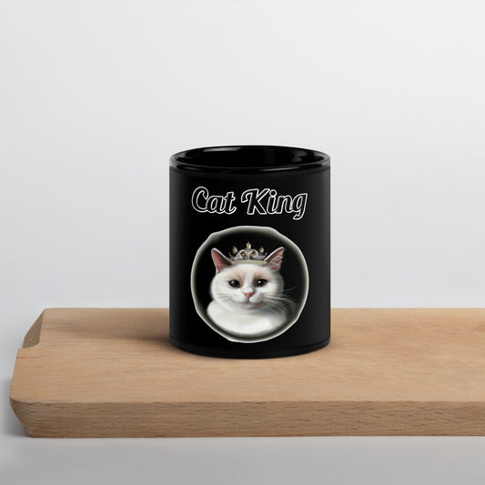 Black Glossy Mug with text White Cat With a Tiara with a text "Cat King" at $17.99 found at Personalizedpetlovergifts