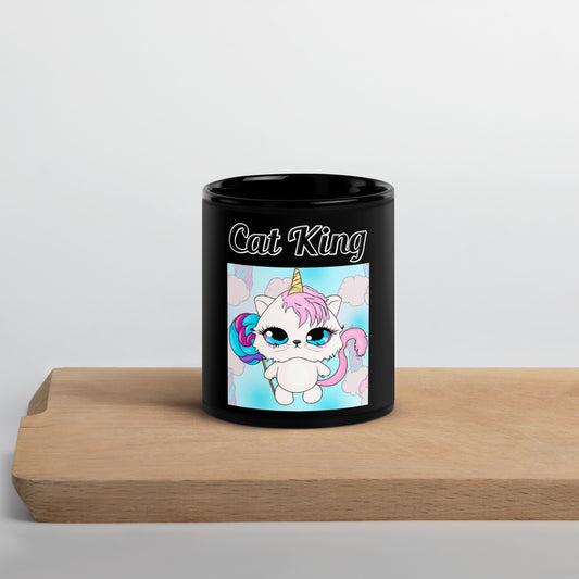 Black Glossy Mug with text Unicorn Kitten With Lollipop with a text "Cat King" at $17.99 found at Personalizedpetlovergifts