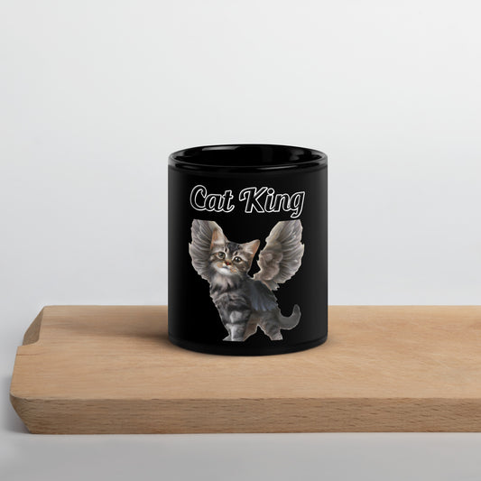 Black Glossy Mug with text Tabby Cat With Angel Wings with a text "Cat King" at $17.99 found at Personalizedpetlovergifts