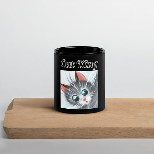 Black Glossy Mug with text Surprised Gray Kitten with a text "Cat King" at $17.99 found at Personalizedpetlovergifts