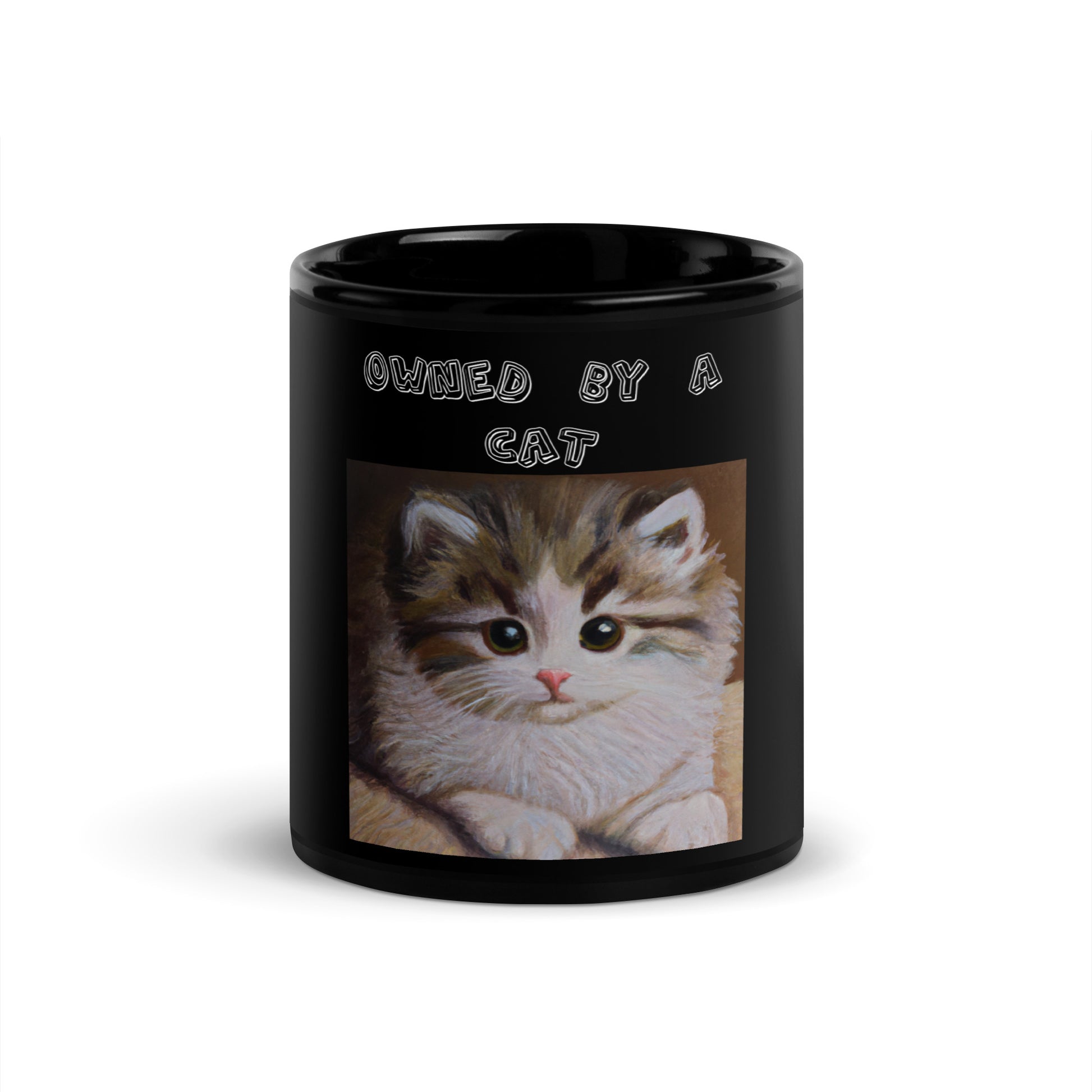 Black Glossy Mug with Small Fluffy Kitten Painting with text "Owned by a Cat" at $19.99 found at Personalizedpetlovergifts