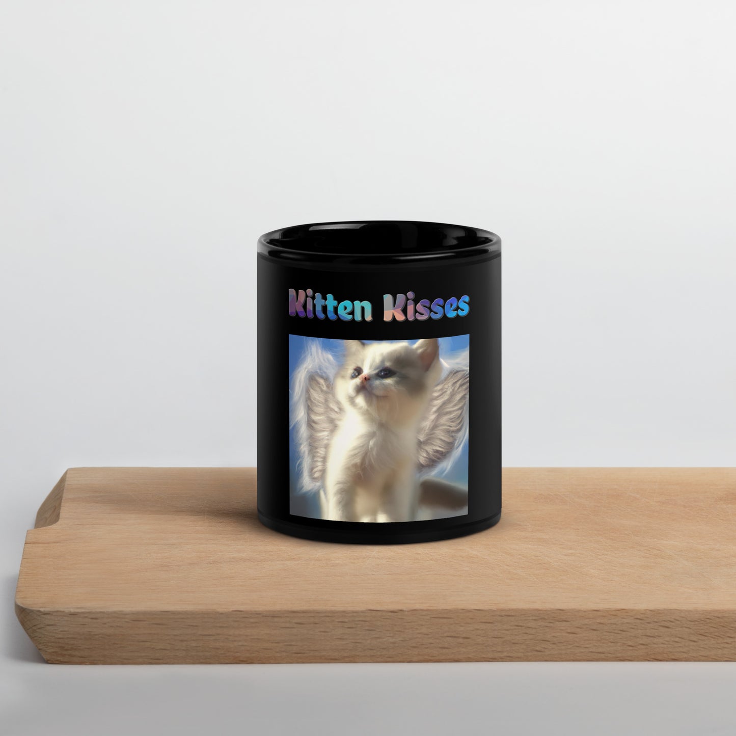 Black Glossy Mug with Cute Angel Kitten With Wings with text "Kitten Kisses" at $25.97 found at Personalizedpetlovergifts