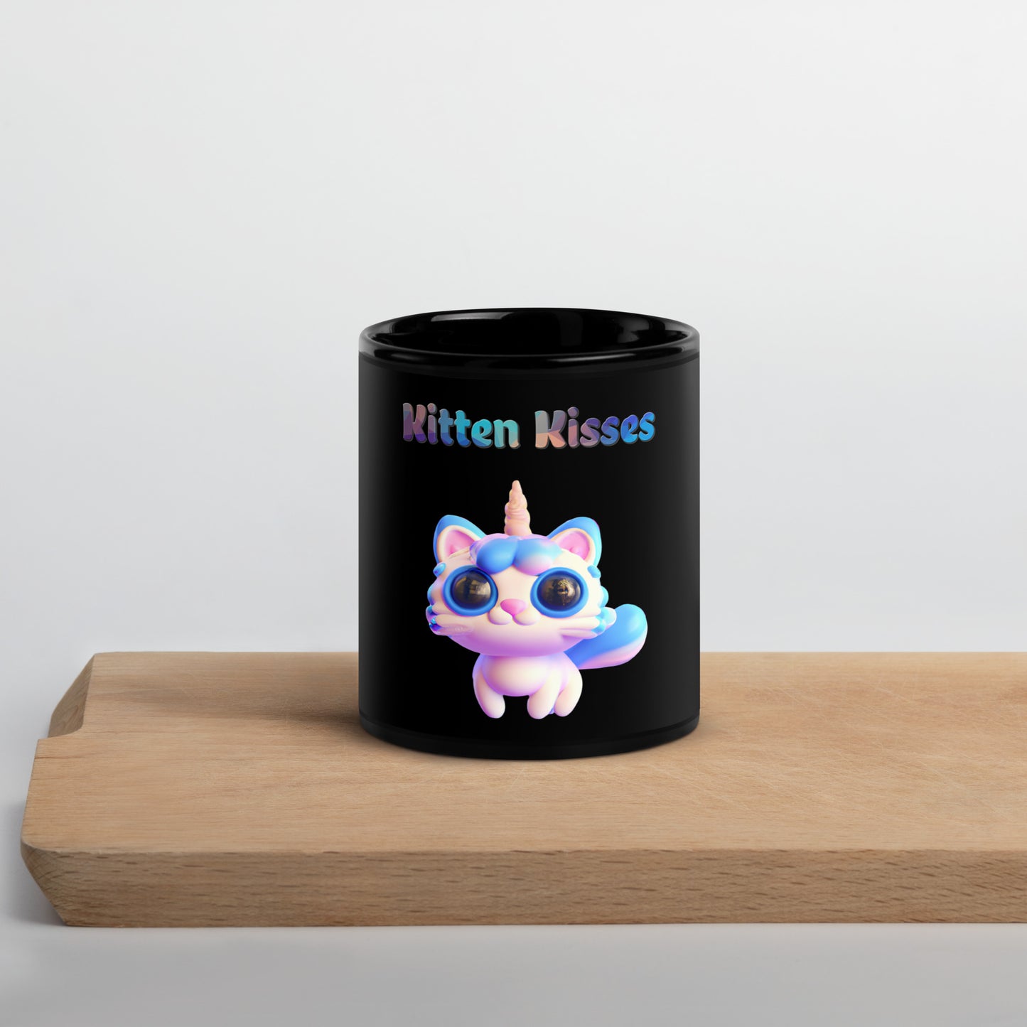 Black Glossy Mug with Cute 3D Unicorn Cat with text "Kitten Kisses" at $25.97 found at Personalizedpetlovergifts