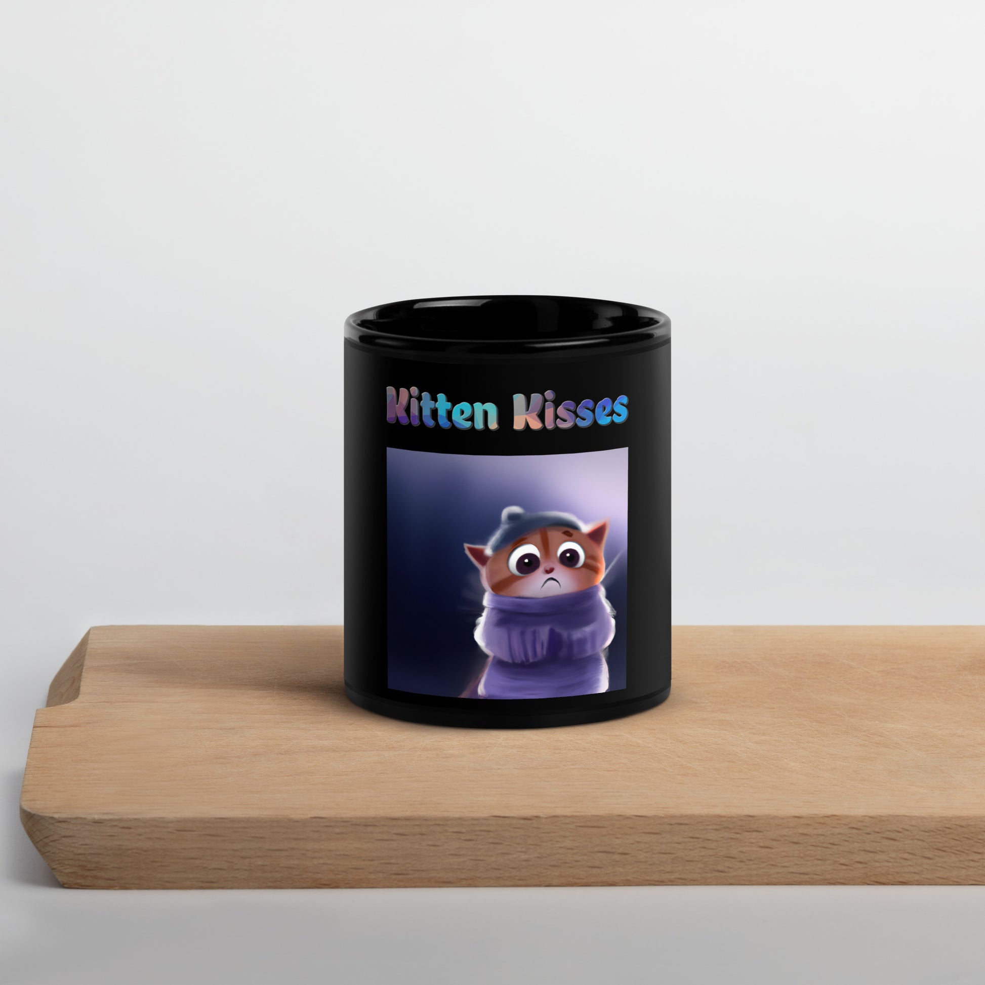 Black Glossy Mug with Cozy Kitten with text "Kitten Kisses" at $25.97 found at Personalizedpetlovergifts