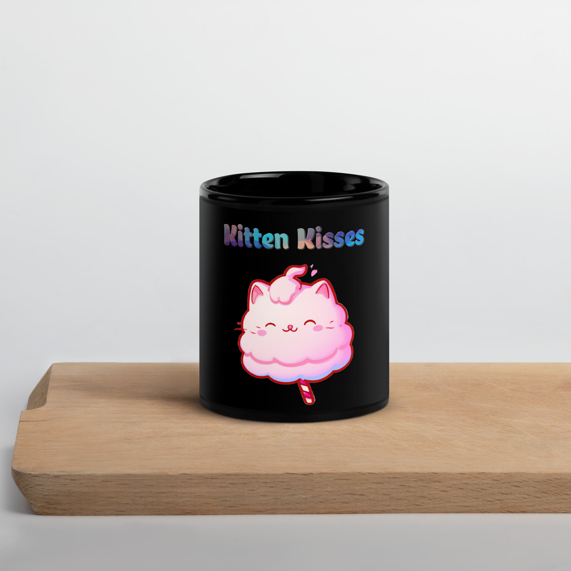 Black Glossy Mug with Cotton Candy Cat with text "Kitten Kisses" at $25.97 found at Personalizedpetlovergifts