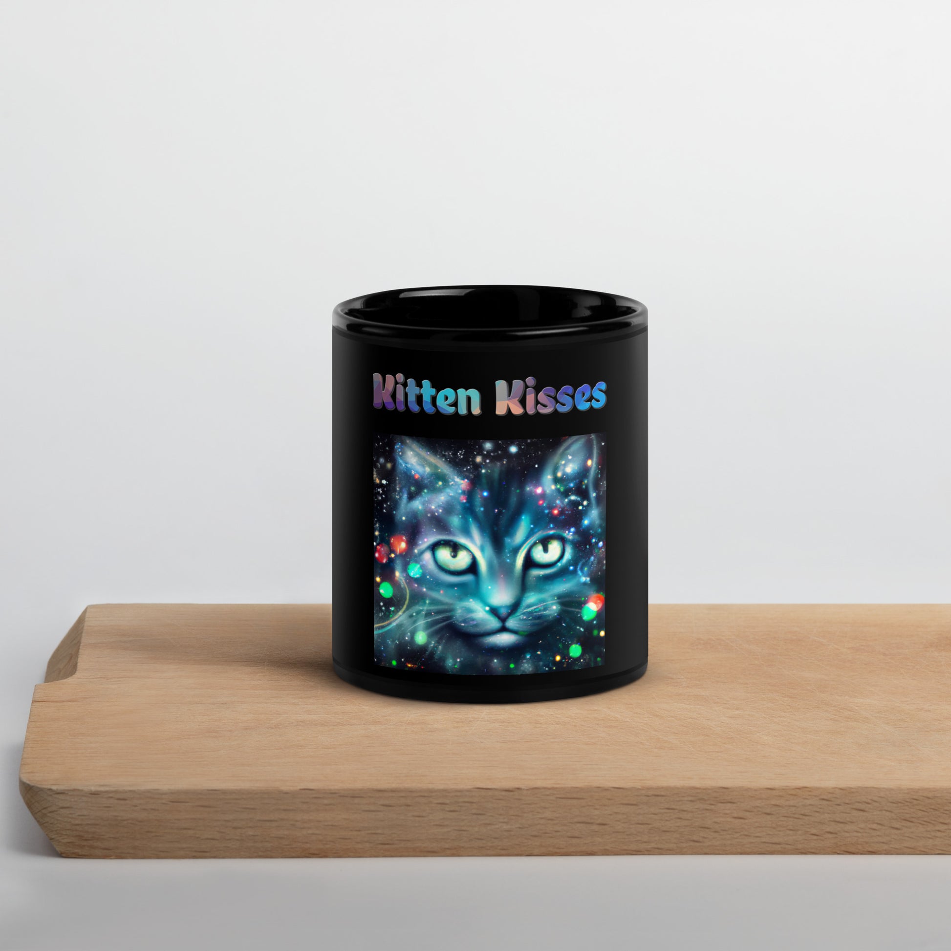 Black Glossy Mug with Cosmic Cat with text "Kitten Kisses" at $25.97 found at Personalizedpetlovergifts