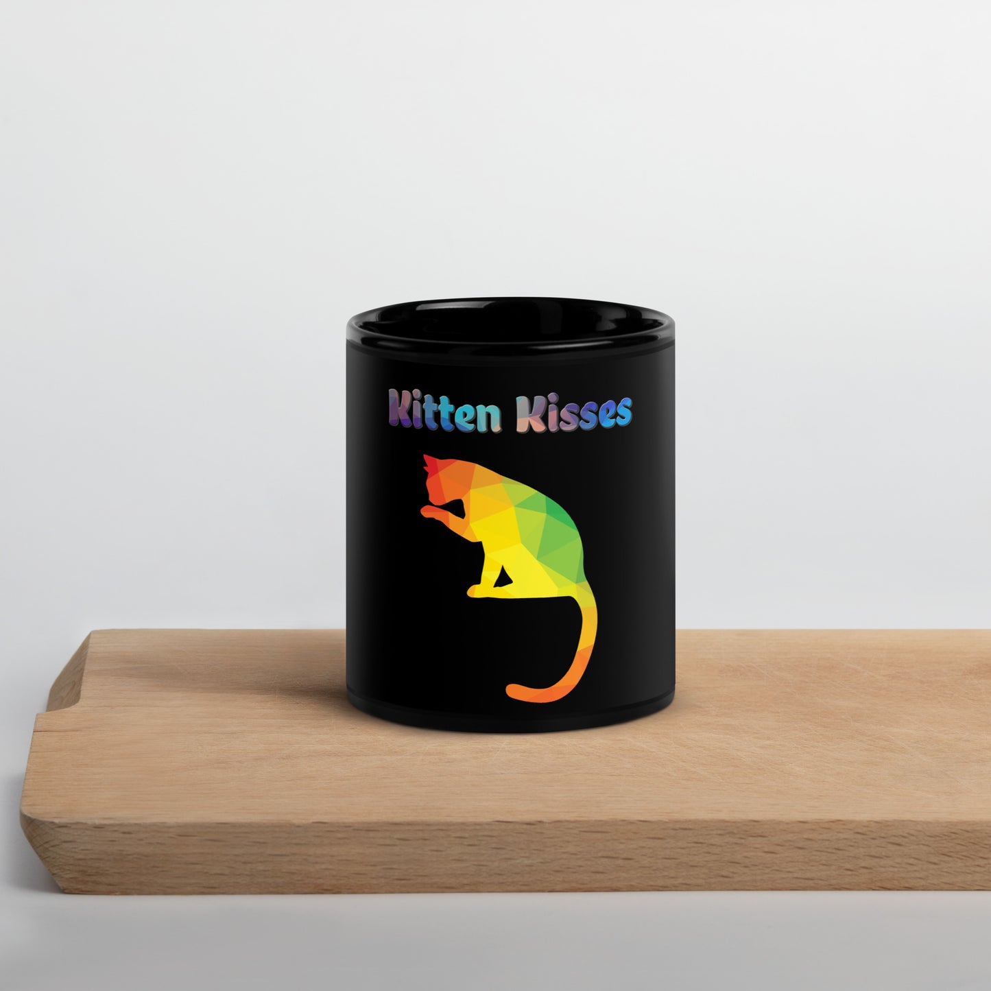 Black Glossy Mug with Colorful Cat Silhouette with text "Kitten Kisses" at $25.97 found at Personalizedpetlovergifts