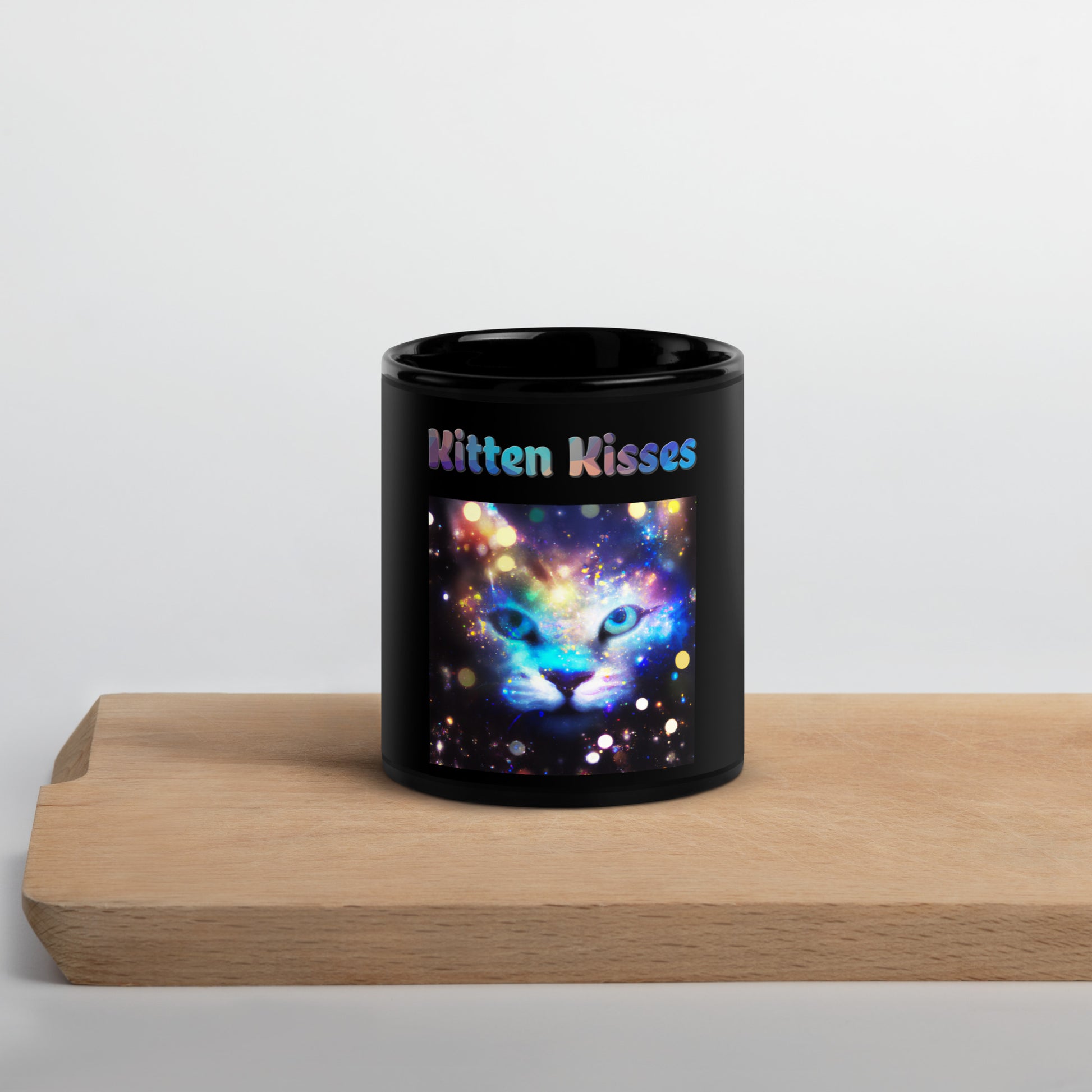 Black Glossy Mug with Colorful Cat Photo with text "Kitten Kisses" at $25.97 found at Personalizedpetlovergifts