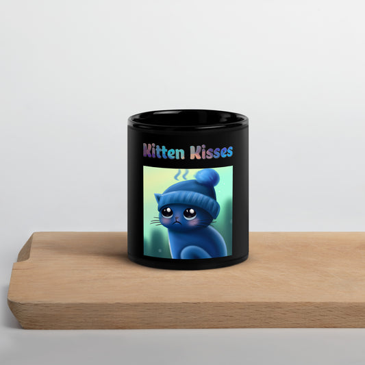 Black Glossy Mug with Cold Kitten In a Hat with text "Kitten Kisses" at $25.97 found at Personalizedpetlovergifts