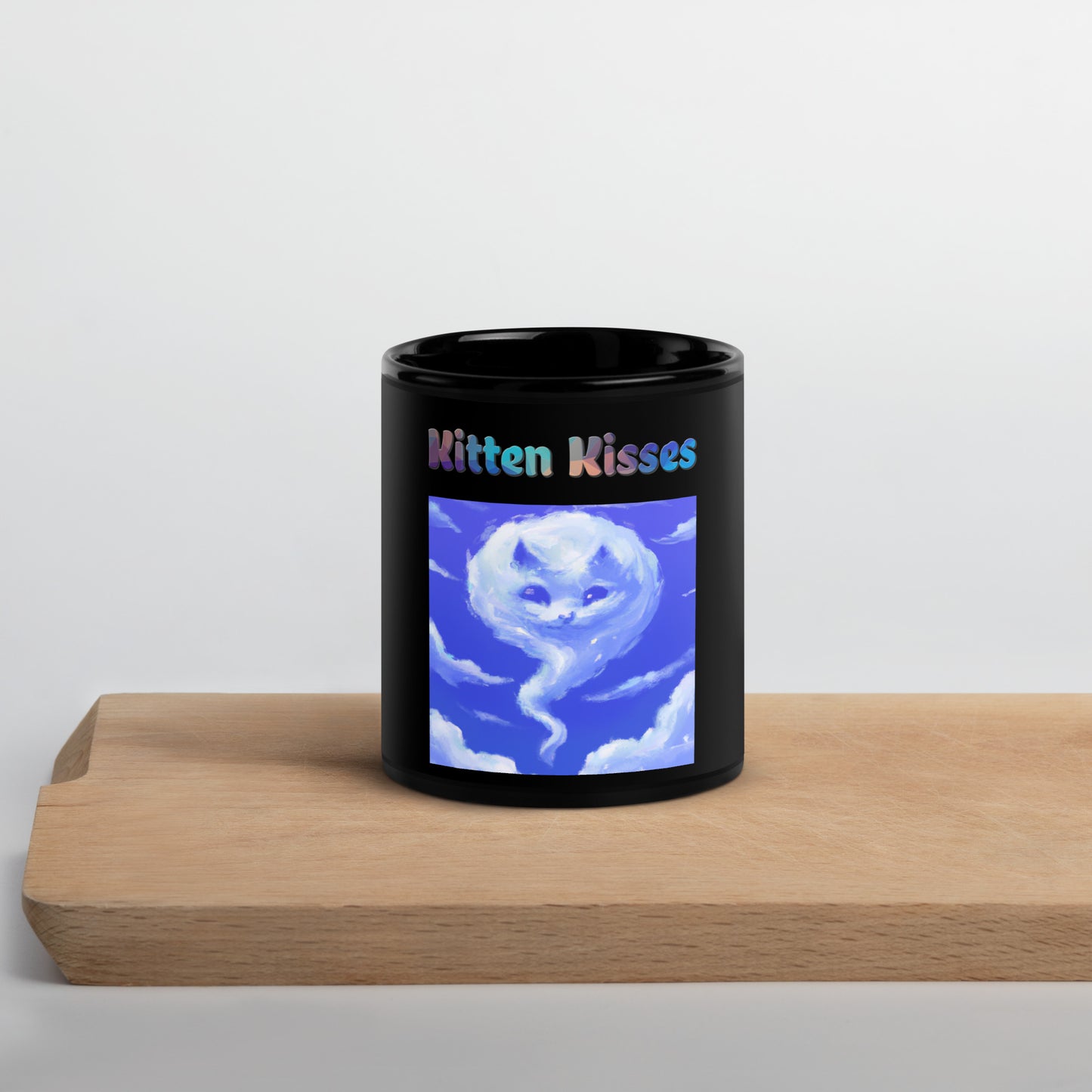 Black Glossy Mug with Cloud With a Cat Face with text "Kitten Kisses" at $25.97 found at Personalizedpetlovergifts