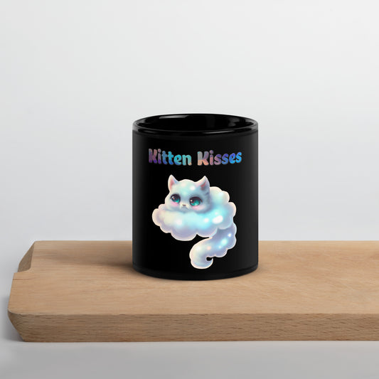 Black Glossy Mug with Cloud Shaped Kitten with text "Kitten Kisses" at $25.97 found at Personalizedpetlovergifts