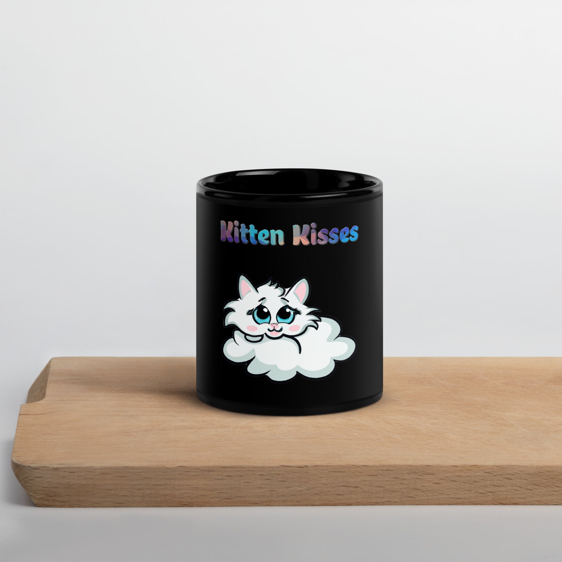 Black Glossy Mug with Cloud Kitten with text "Kitten Kisses" at $25.97 found at Personalizedpetlovergifts