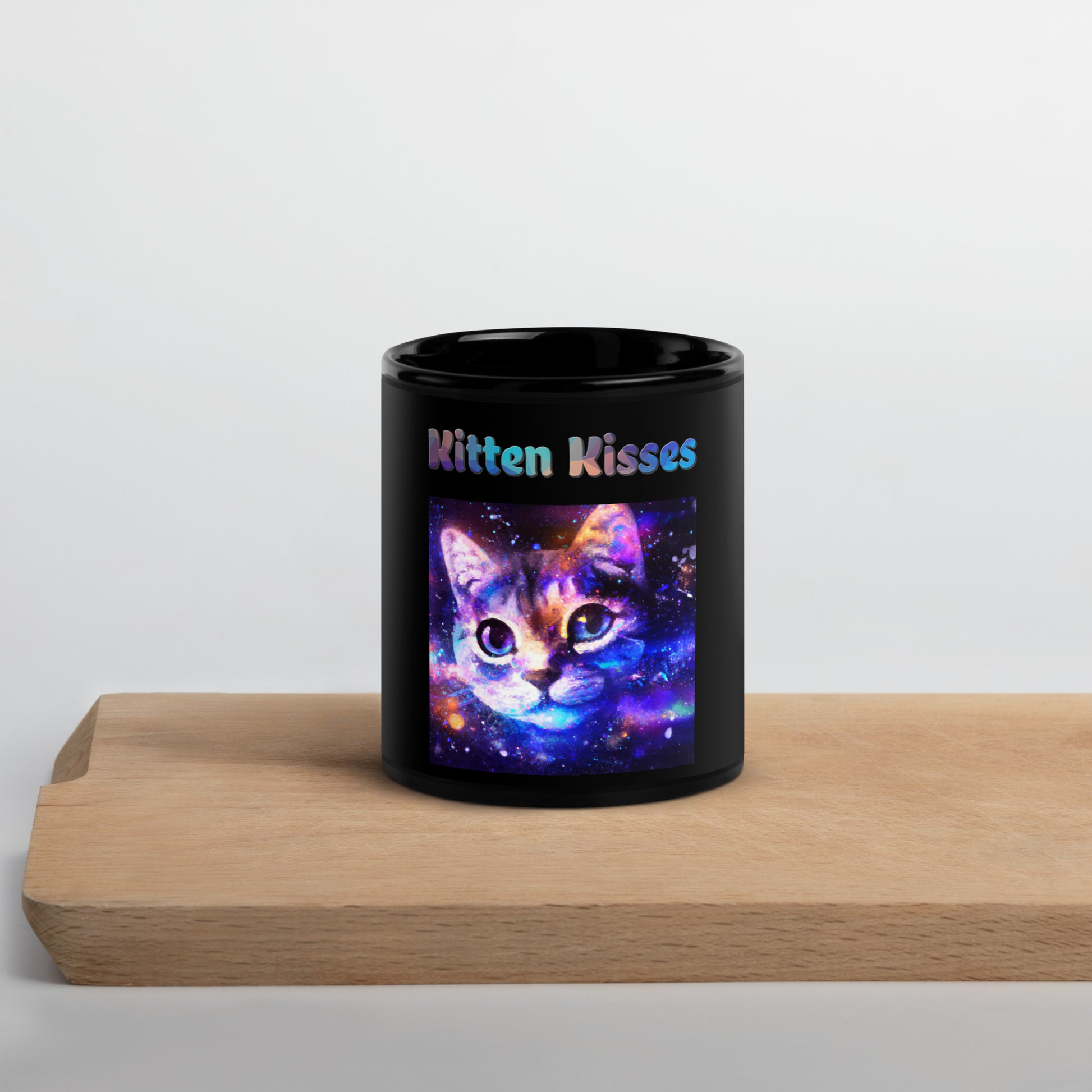 Black Glossy Mug with Cat With Space with text "Kitten Kisses" at $25.97 found at Personalizedpetlovergifts