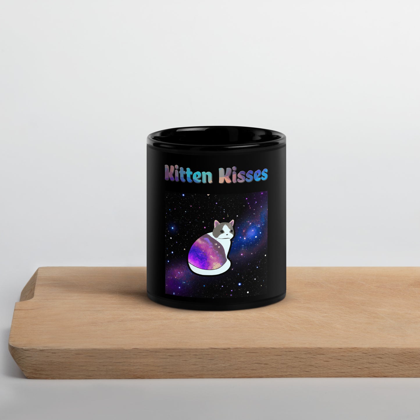 Black Glossy Mug with Cat With Space Clothes with text "Kitten Kisses" at $25.97 found at Personalizedpetlovergifts