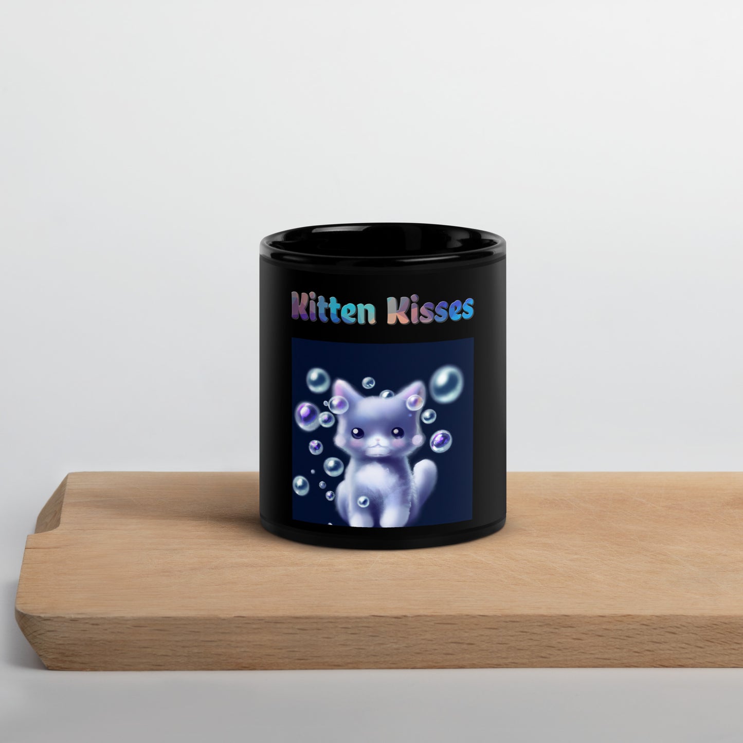 Black Glossy Mug with Cat With Soap Bubbles with text "Kitten Kisses" at $25.97 found at Personalizedpetlovergifts