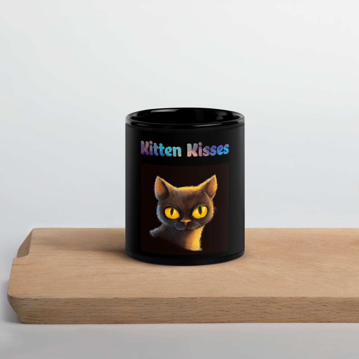 Black Glossy Mug with Cat With Shiny Yellow Eyes with text "Kitten Kisses" at $25.97 found at Personalizedpetlovergifts